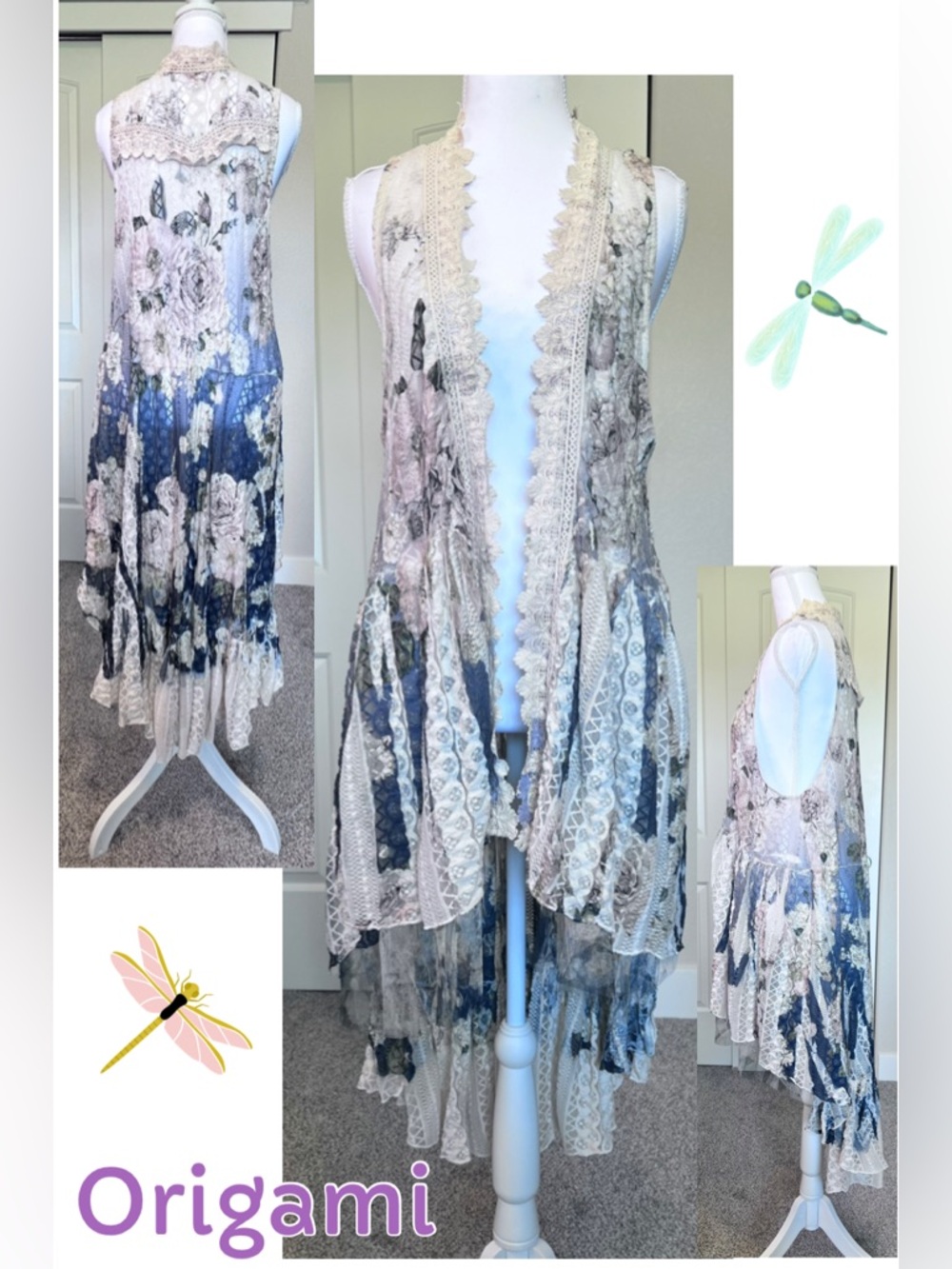 Origami Floral Lace Crochet Sheer Tulle Fairycore Boho Festival Flowy Vest